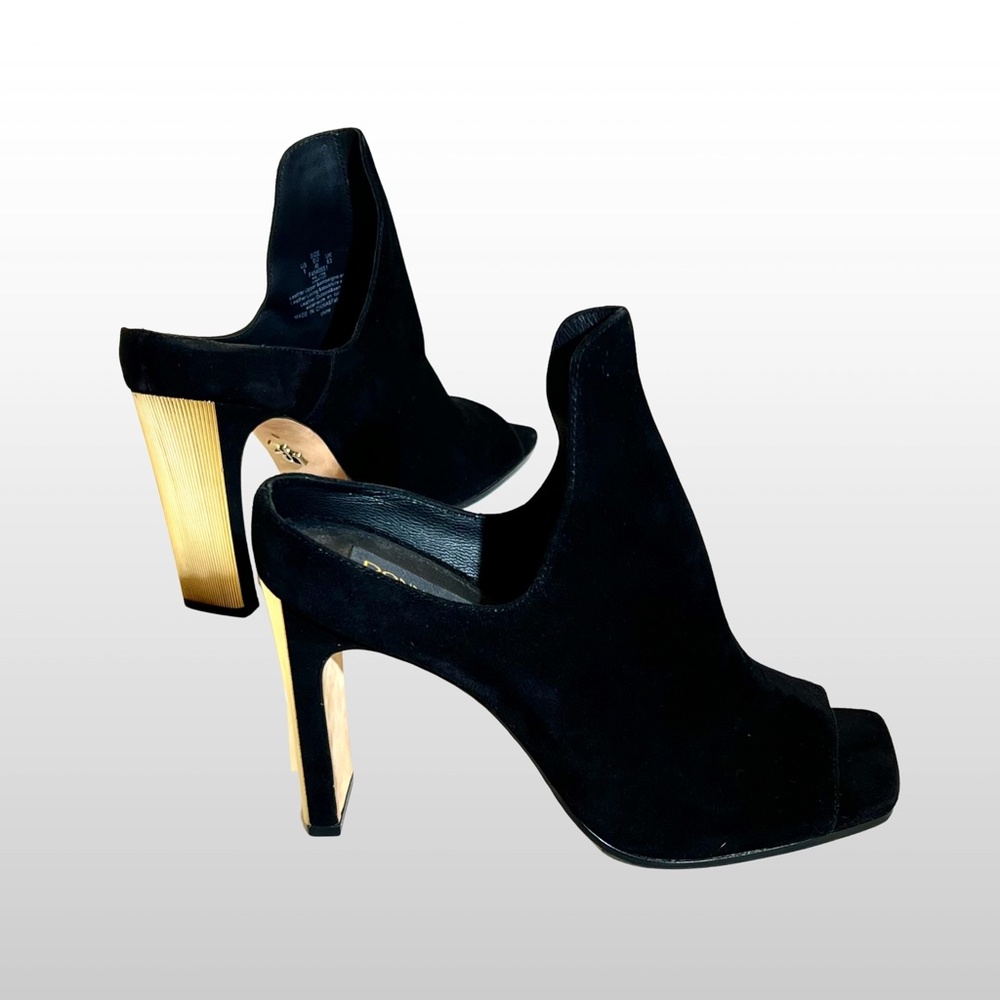 Donna Karan Sutton Mule Size 9 Soft Black Suede Shoe.  Gold Metallic Heel. NWOT